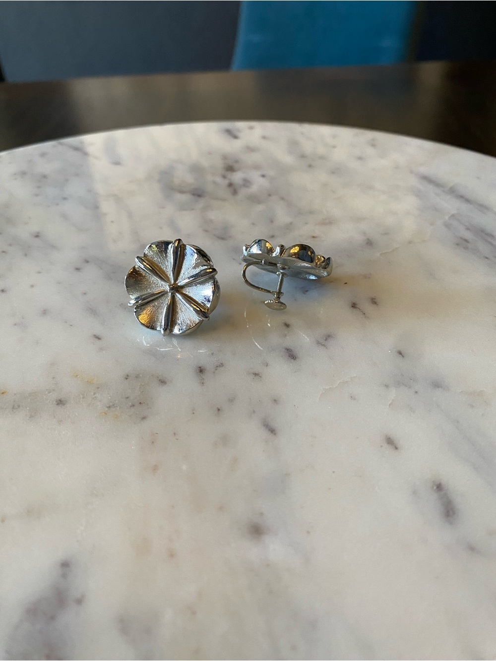 Vintage Silver Floral Clip-On Earrings - Round Petal Design